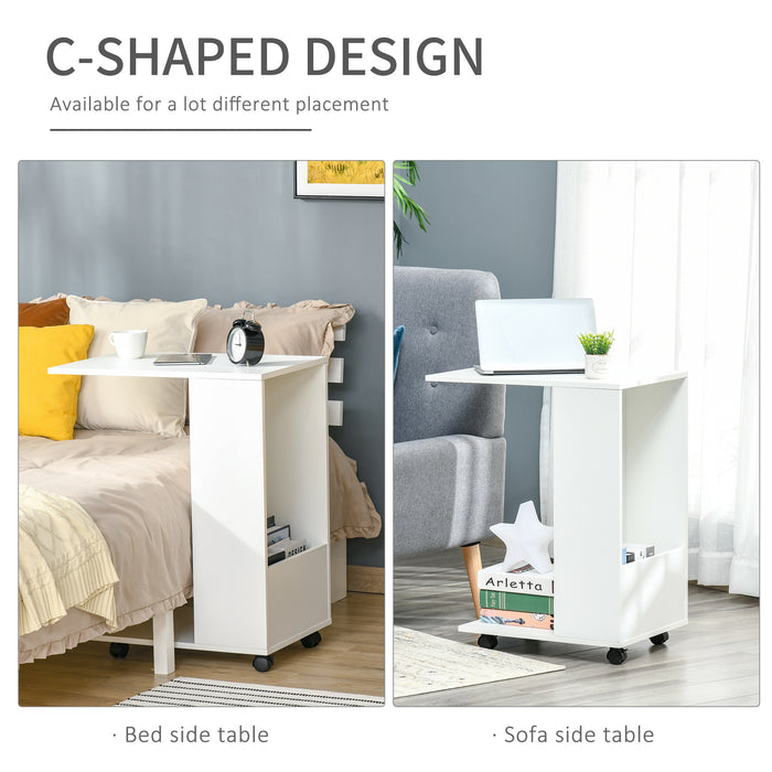 Mobile Sofa Side Table C-Shape End Table with Storage and Casters for Laptop Coffee Snack, White