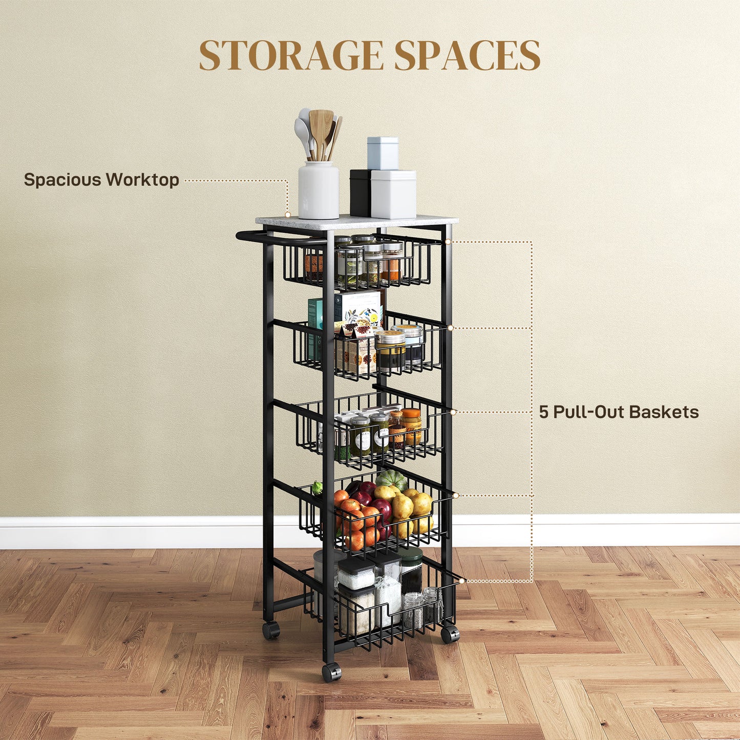 5-Tier Kitchen Island on Wheels with 5 Pull-Out Baskets, Light Grey