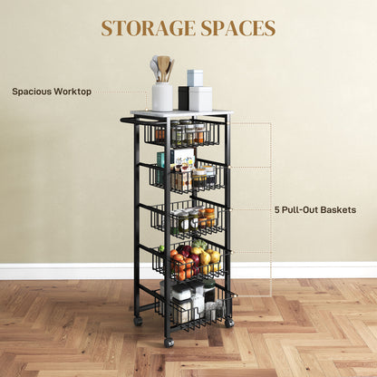 5-Tier Kitchen Island on Wheels with 5 Pull-Out Baskets, Light Grey