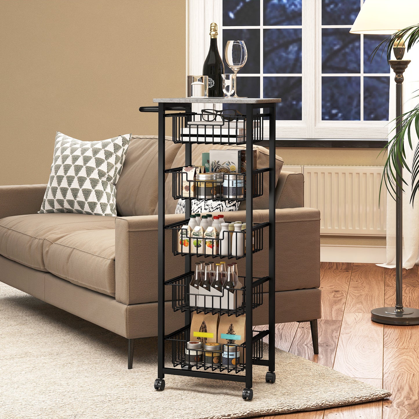 5-Tier Kitchen Island on Wheels with 5 Pull-Out Baskets, Light Grey