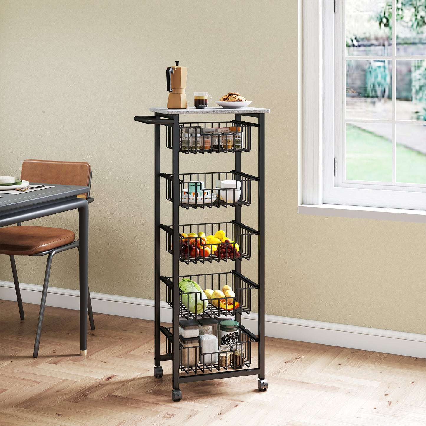5-Tier Kitchen Island on Wheels with 5 Pull-Out Baskets, Light Grey