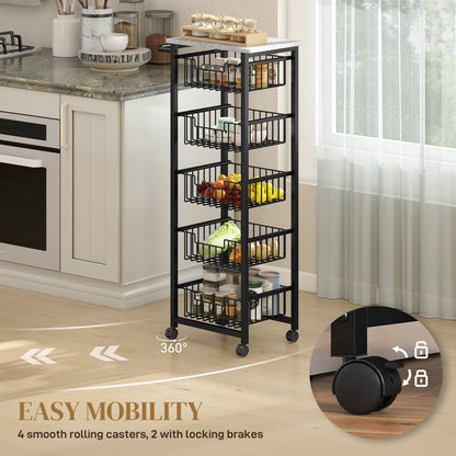 5-Tier Kitchen Island on Wheels with 5 Pull-Out Baskets, Light Grey