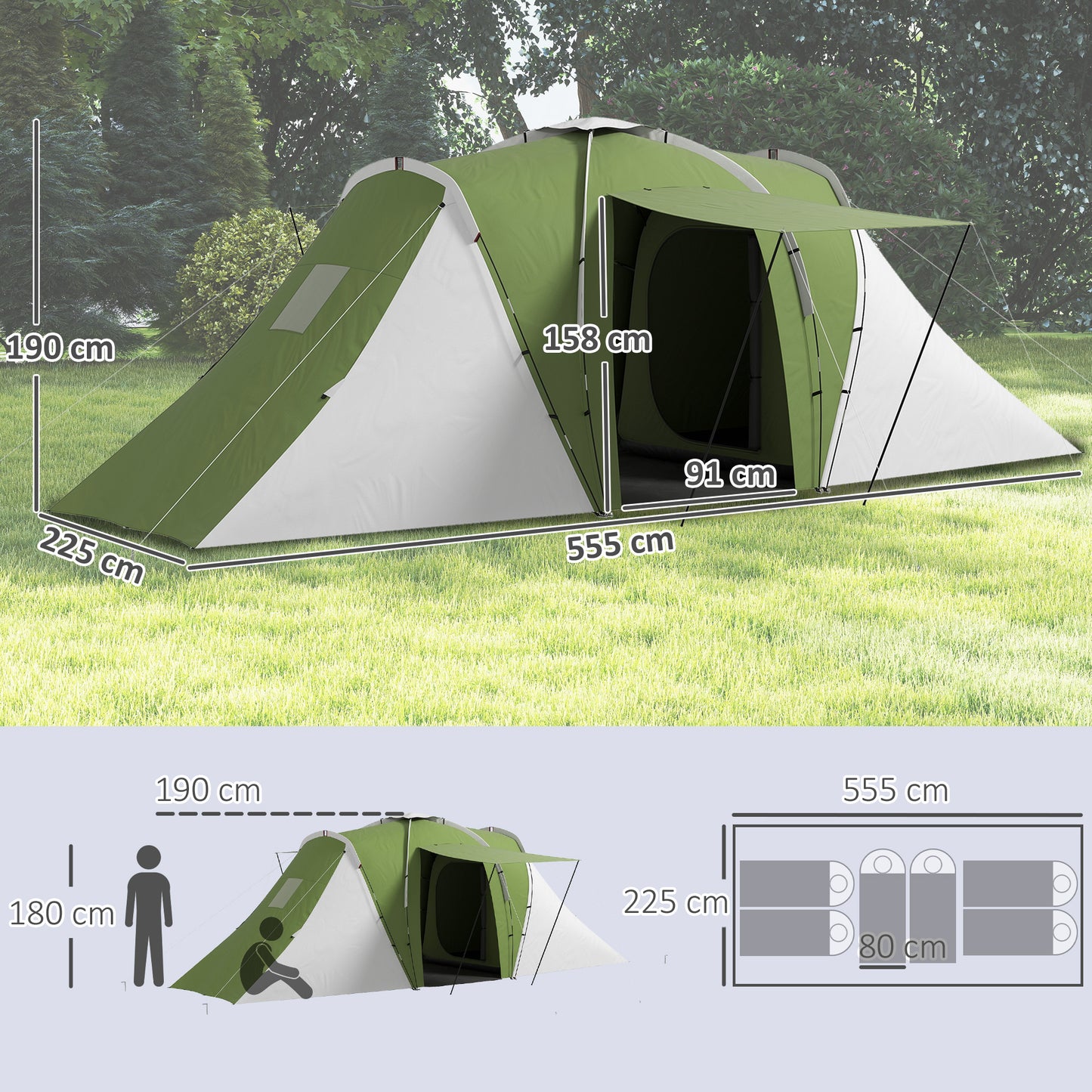 4-6 Man Camping Tent with 2 Bedroom and Living Area, Green, White