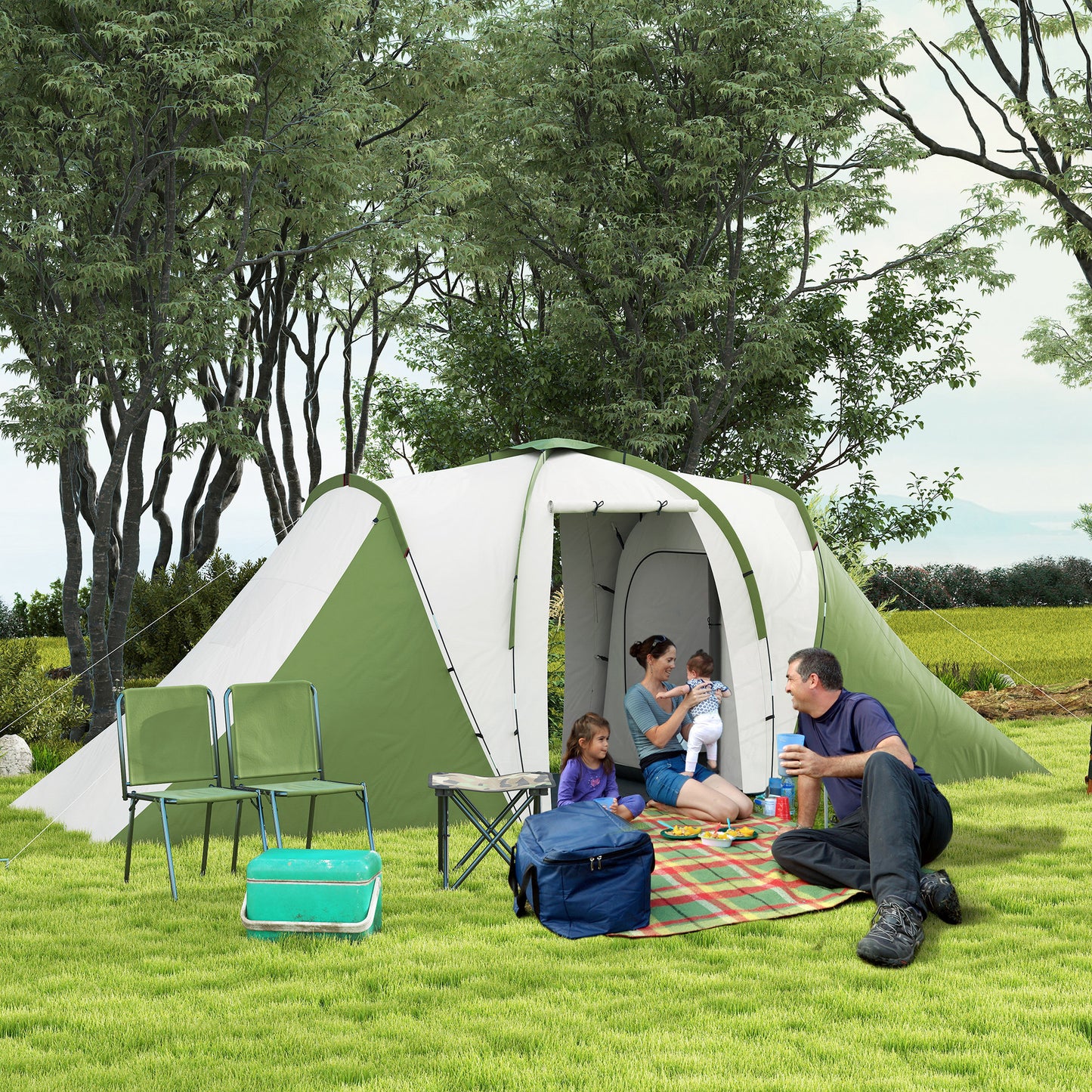 4-6 Man Camping Tent with 2 Bedroom and Living Area, Green, White