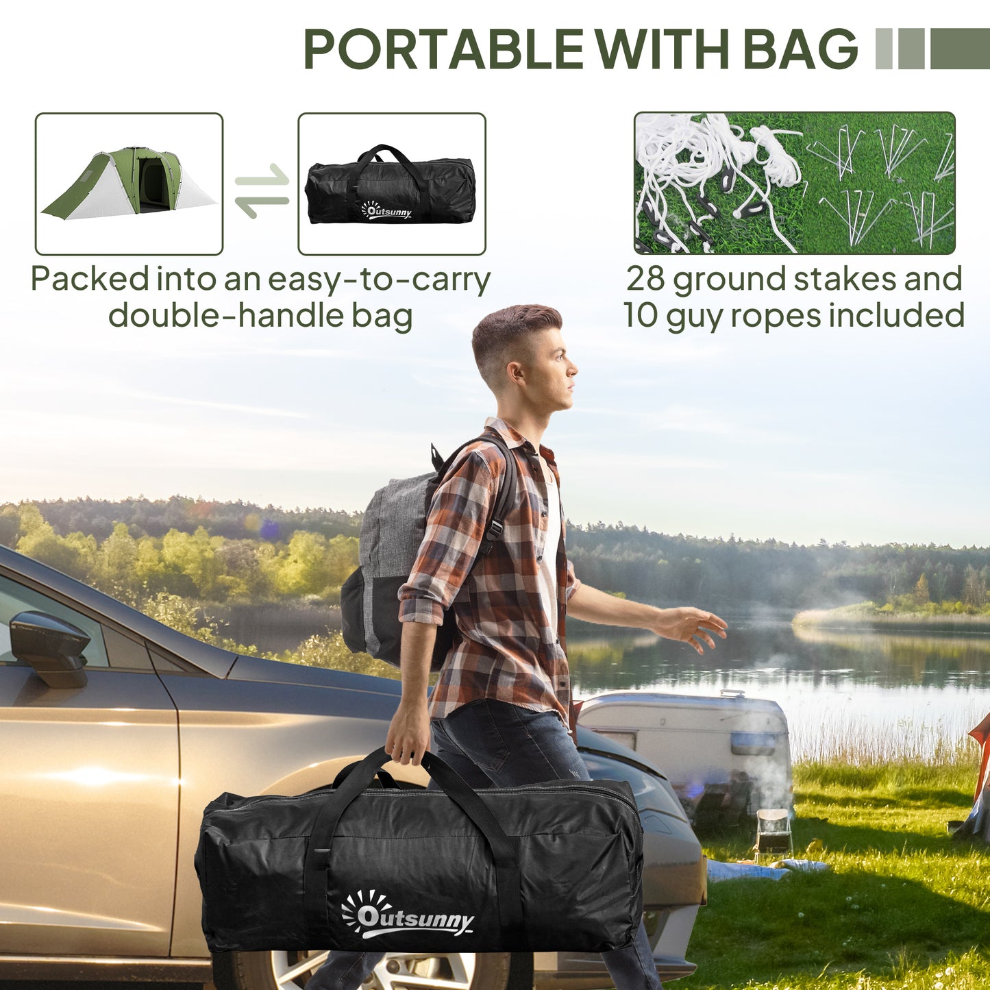 4-6 Man Camping Tent with 2 Bedroom and Living Area, Green, White