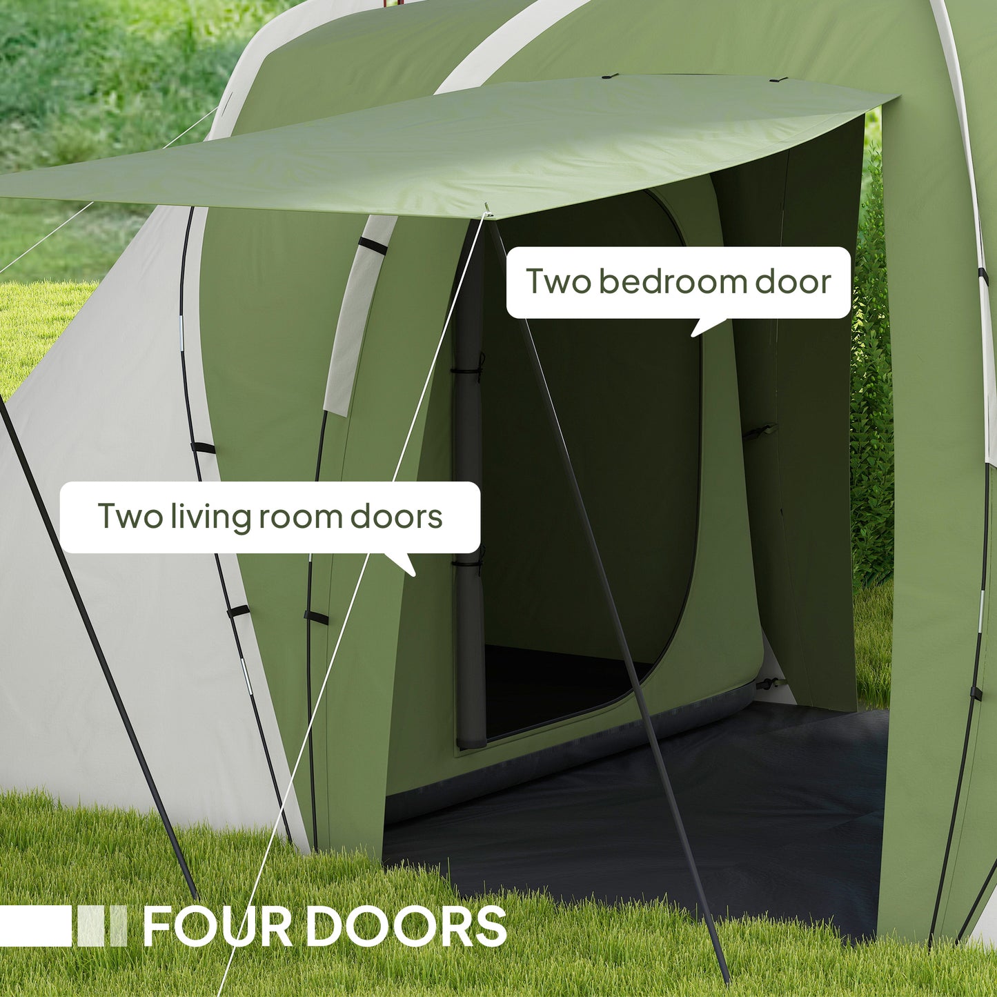 4-6 Man Camping Tent with 2 Bedroom and Living Area, Green, White