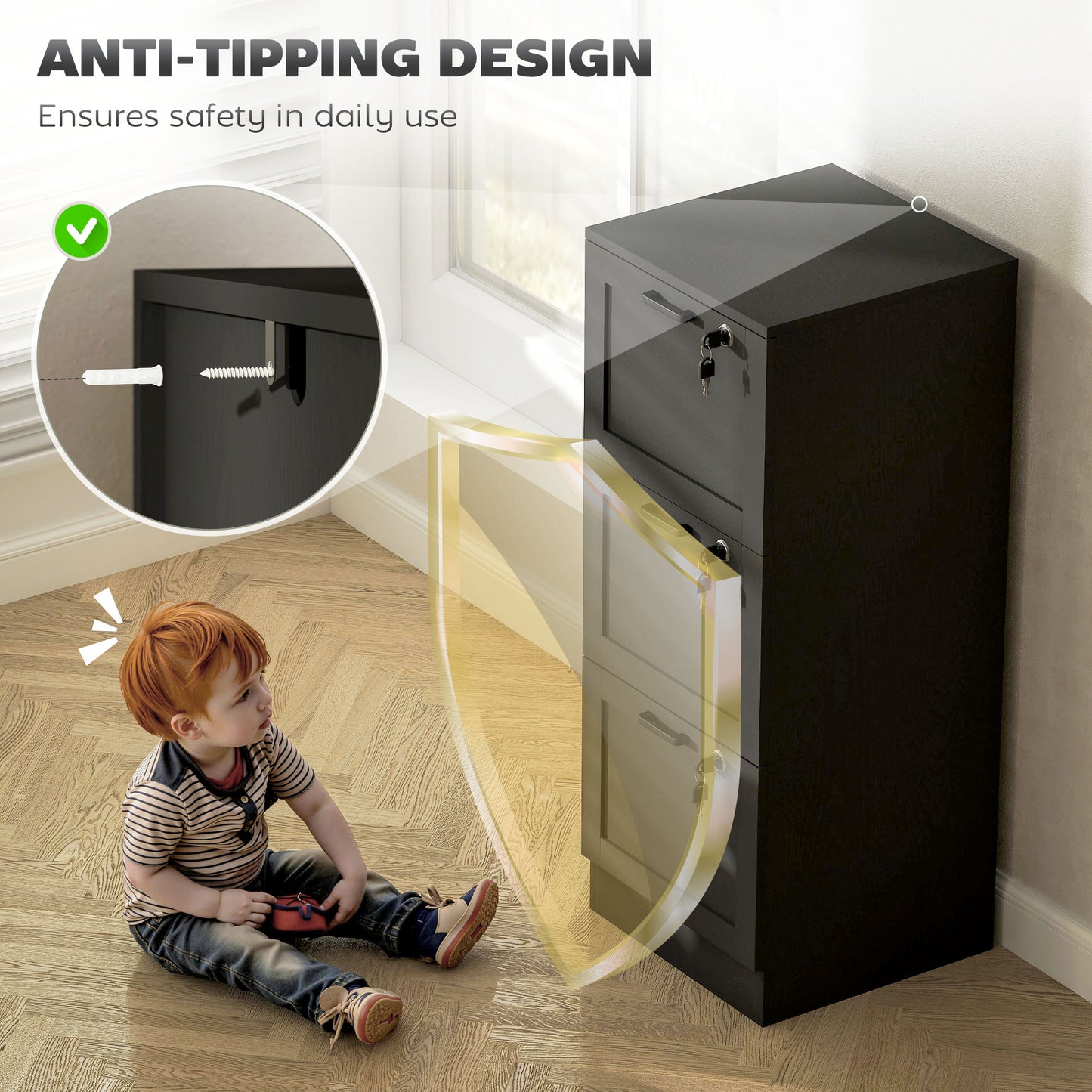 3-Drawer File Cabinet, Lockable Filing Cabinet for A4 Letter, Black