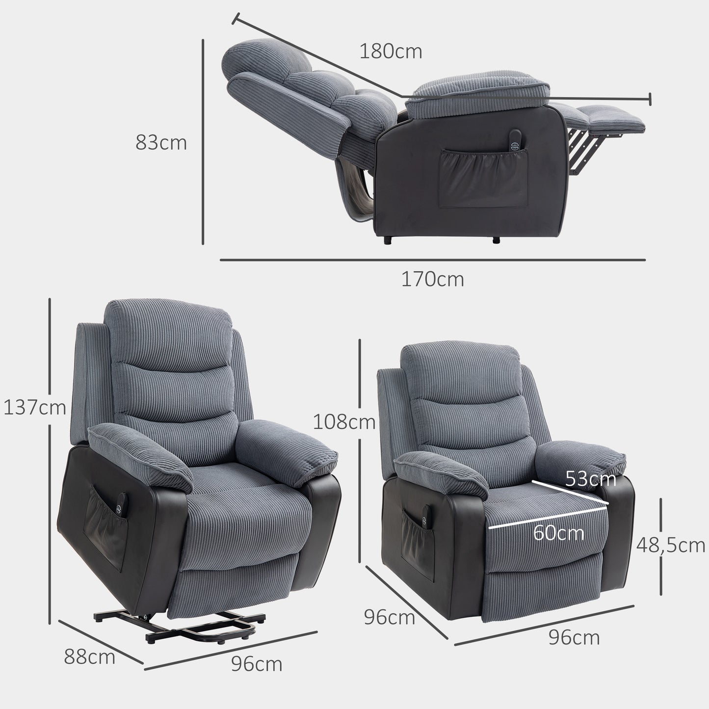 Power Lift Riser and Recliner Chair with Remote Control, Dark Grey