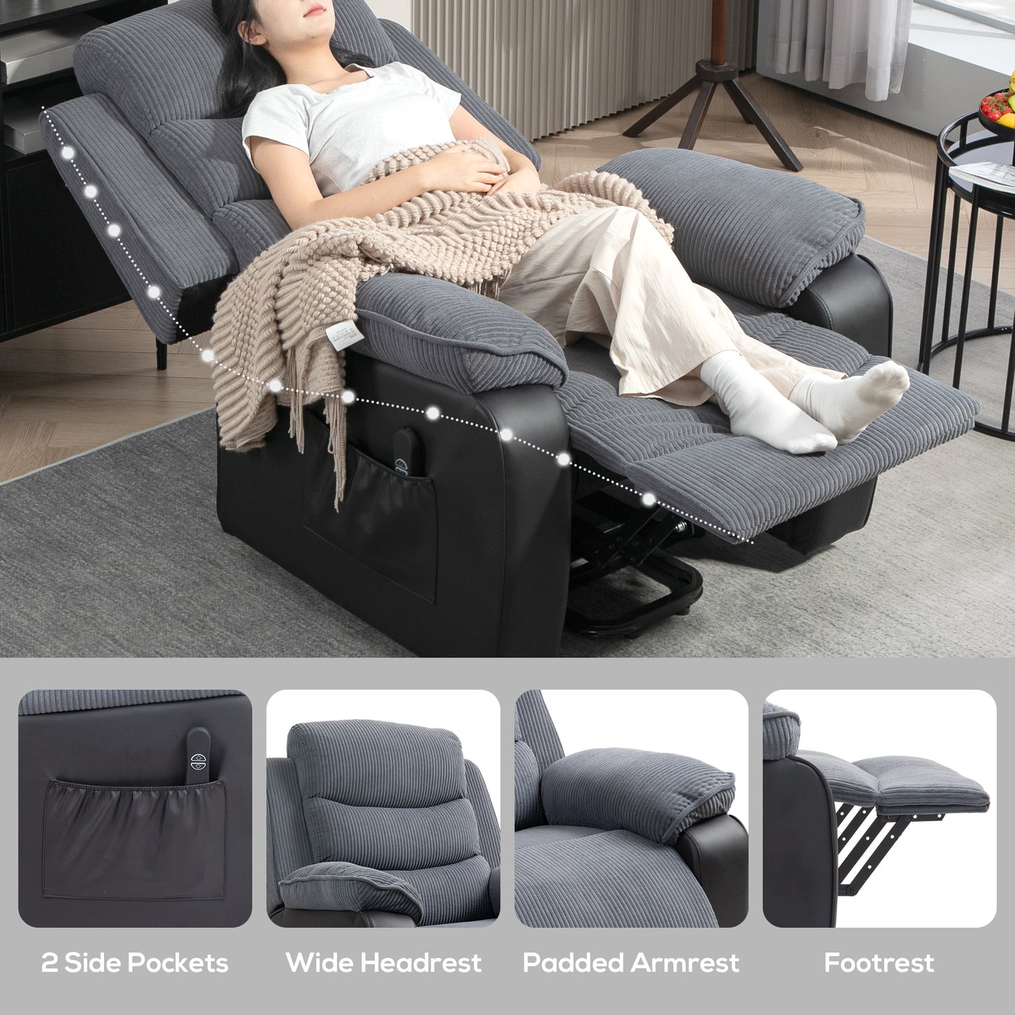 Power Lift Riser and Recliner Chair with Remote Control, Dark Grey