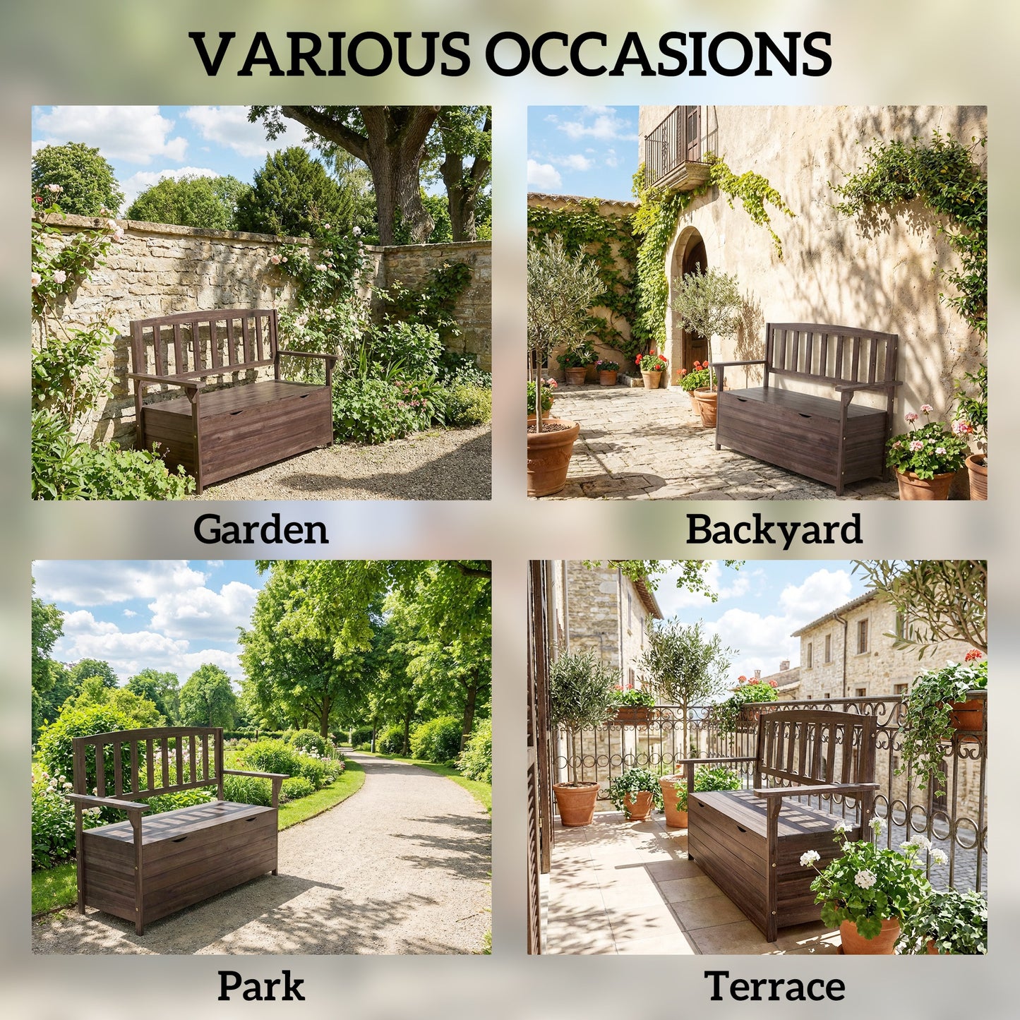 Outdoor 2 Seater Garden Bench, Garden Storage Bench with Backrest