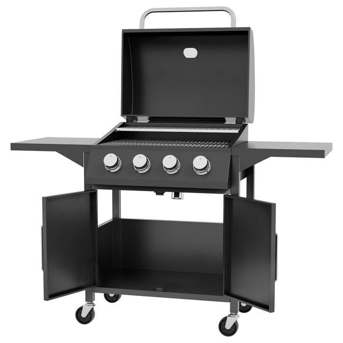 4 Burner Gas BBQ Grill Outdoor Portable Barbecue Trolley w/ Warming Rack, Side Shelves, Storage Cabinet, Thermometer