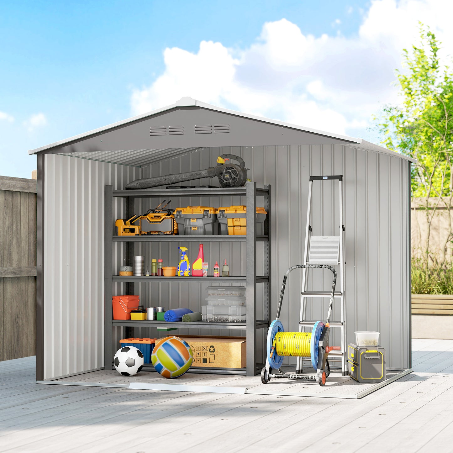 8 x 6ft Garden Storage Shed with Double Door, Light Grey