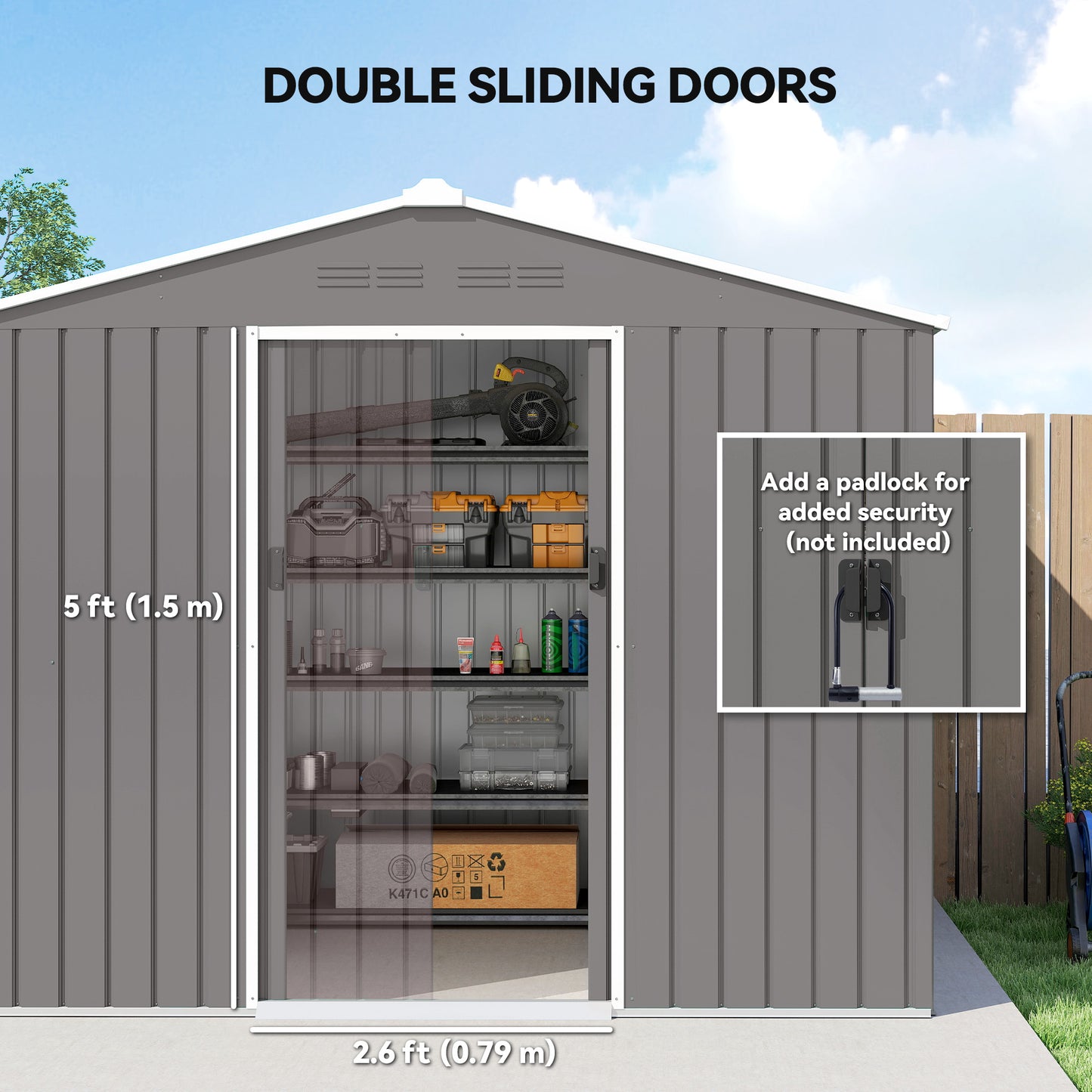 8 x 6ft Garden Storage Shed with Double Door, Light Grey