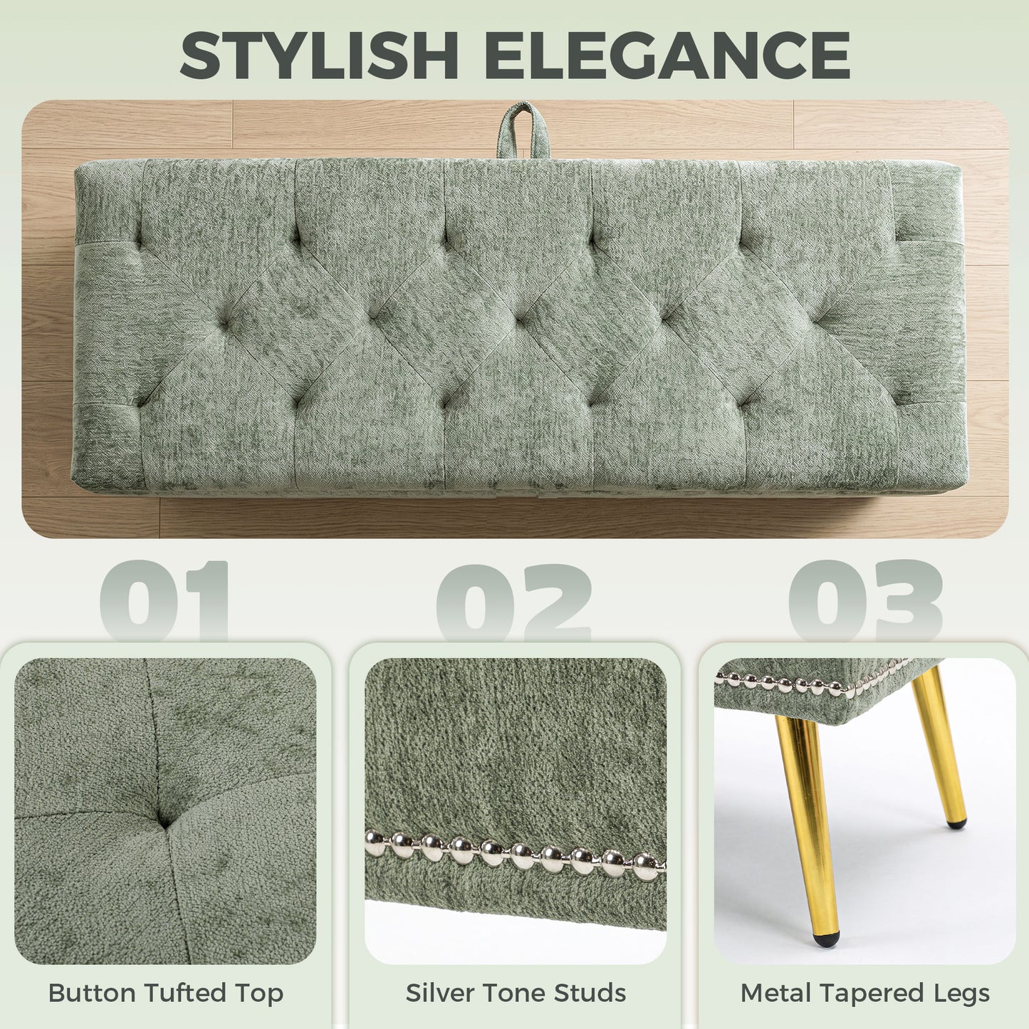 Storage Ottoman, Chenille Ottoman Storage Box, Light Green