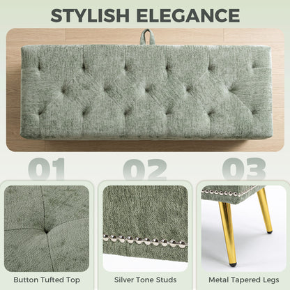 Storage Ottoman, Chenille Ottoman Storage Box, Light Green