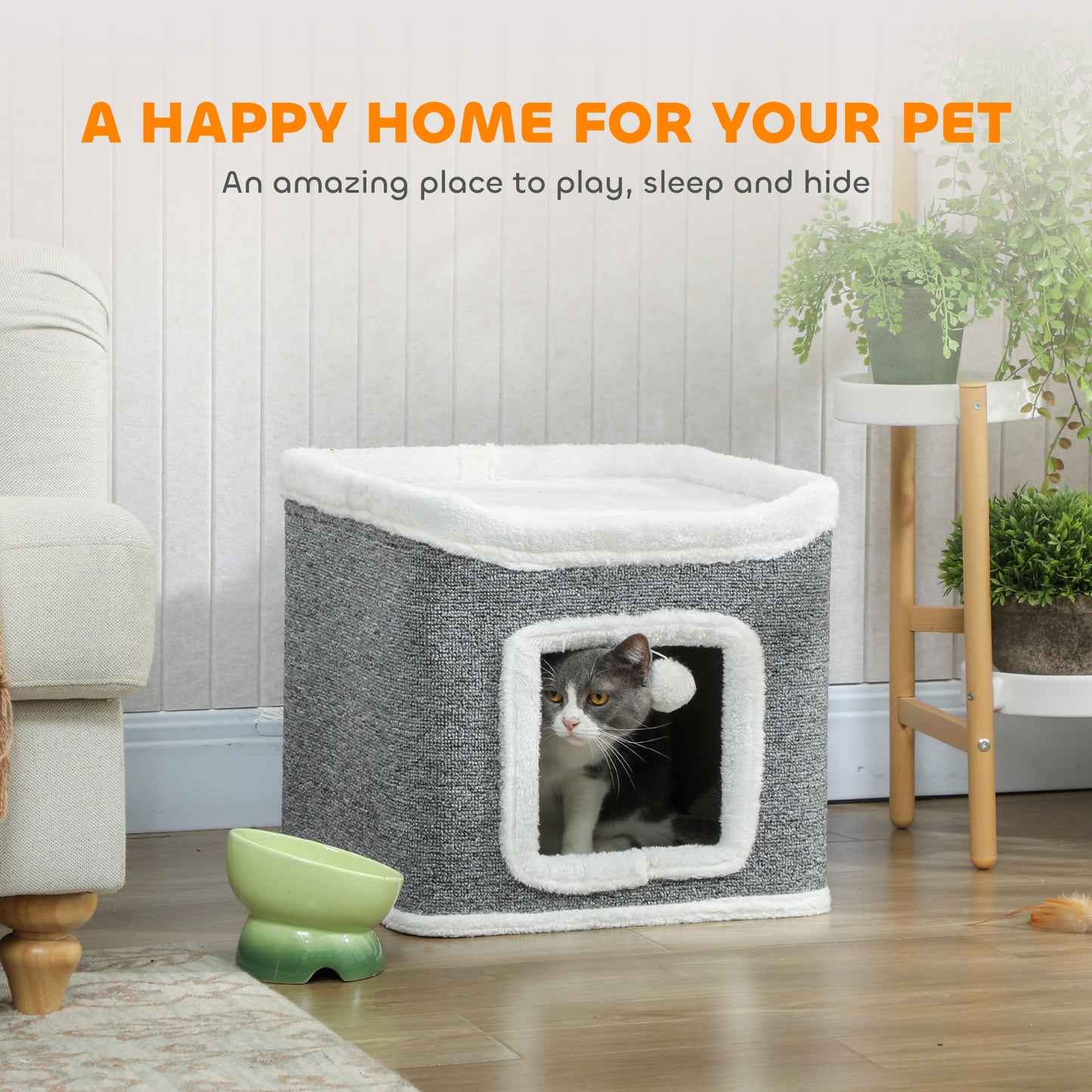 Cat House for Indoor Kittens, 2-Level Cat Cave Bed, Grey