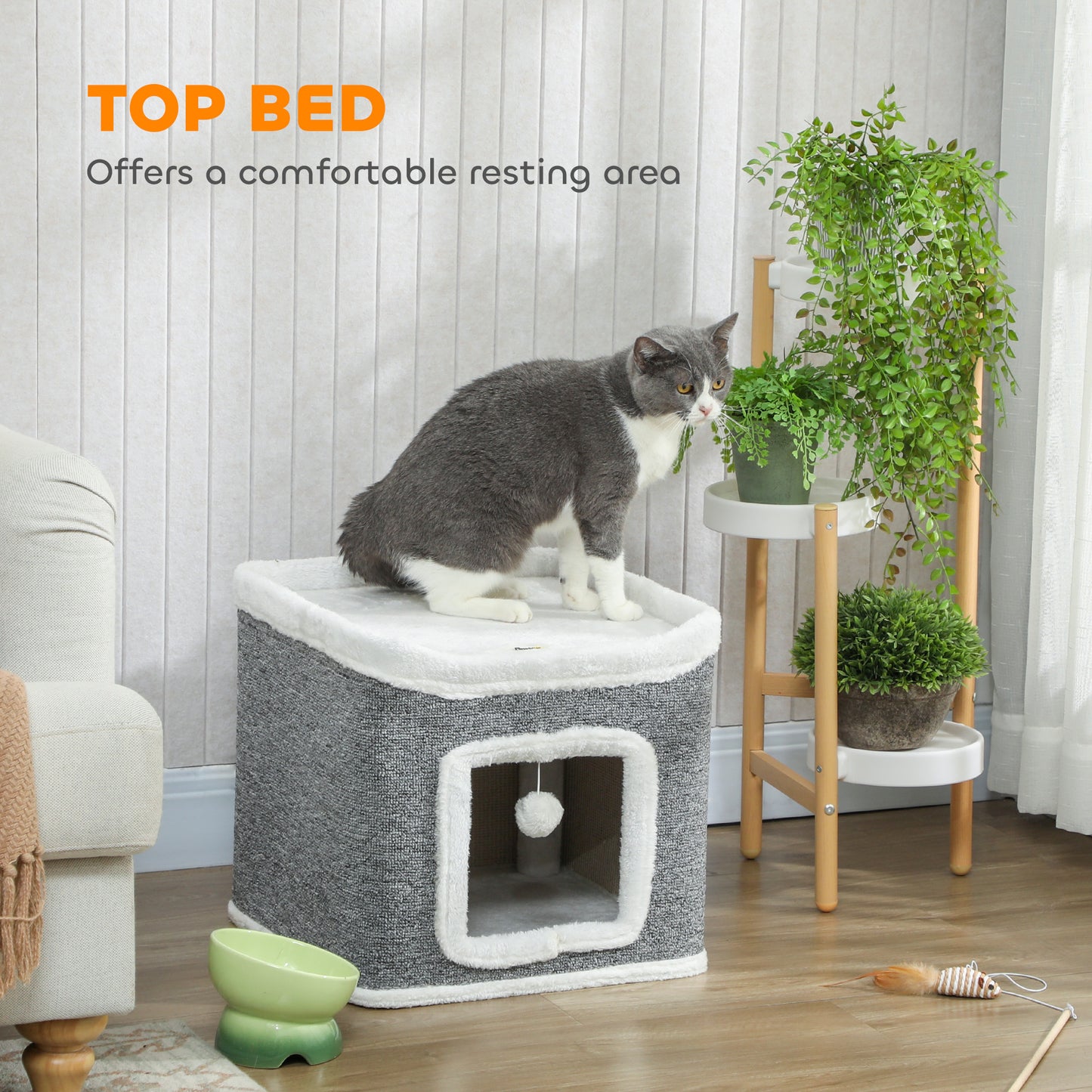 Cat House for Indoor Kittens, 2-Level Cat Cave Bed, Grey