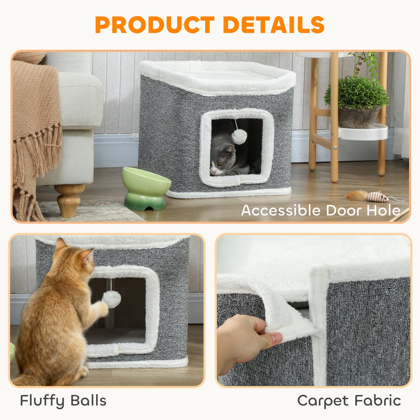 Cat House for Indoor Kittens, 2-Level Cat Cave Bed, Grey
