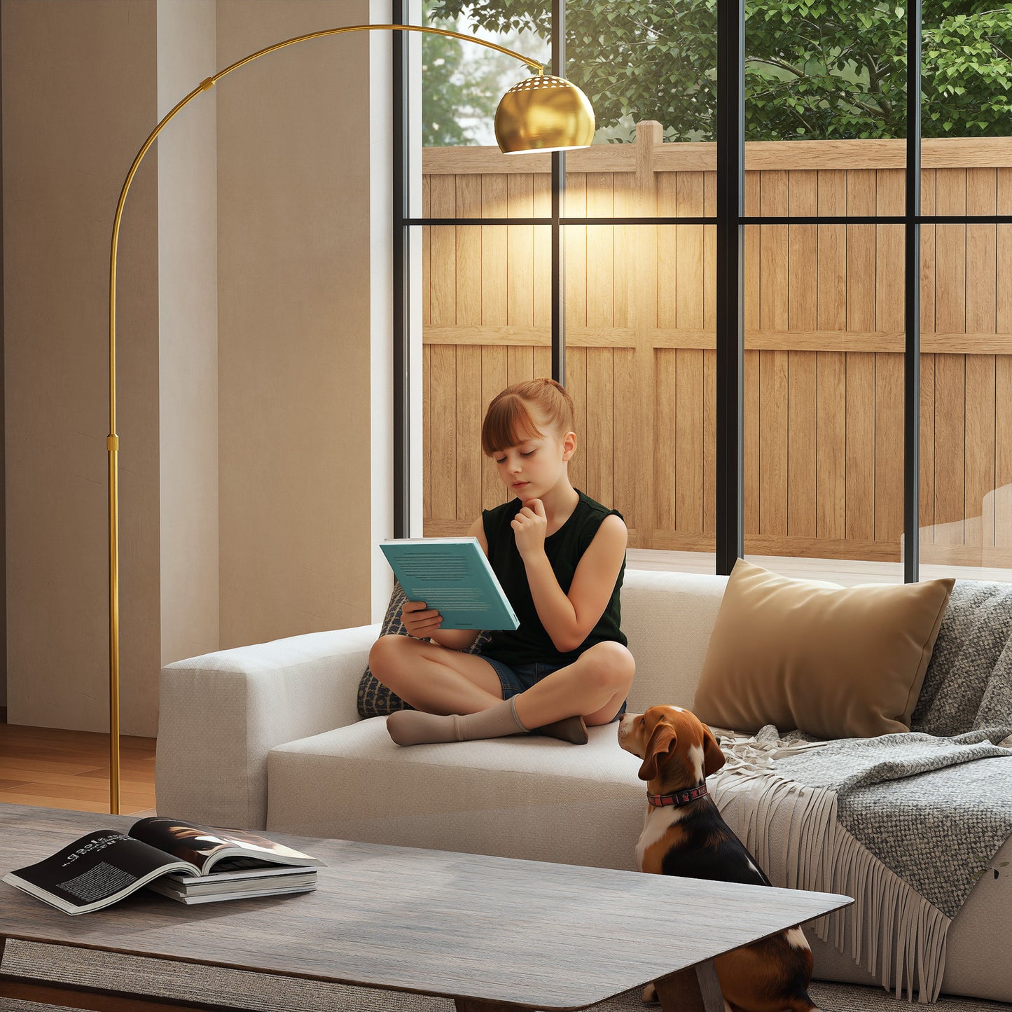 Arc Floor Lamp for Living Room, Free Standing Tall Lamp, Gold Tone