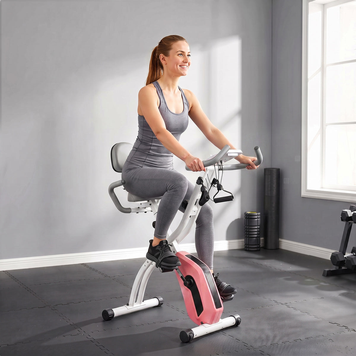 4-In-1 Folding Exercise Bike with Resistance Bands, Pink