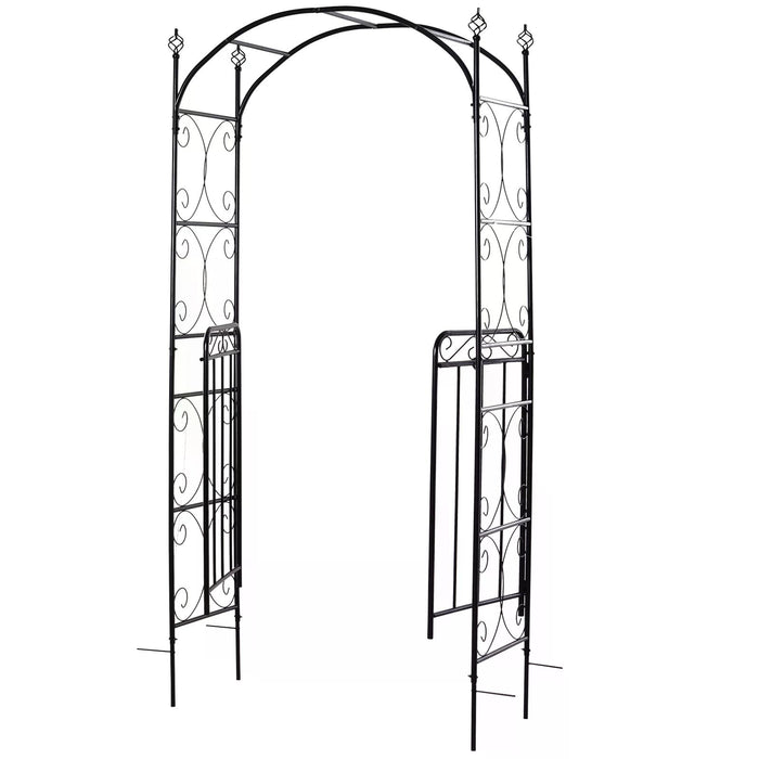 Garden Decorative Metal Arch with Gate Outdoor Patio Trellis Arbor for Climbing Plant Archway Antique Black - 108L x 45W x 215Hcm