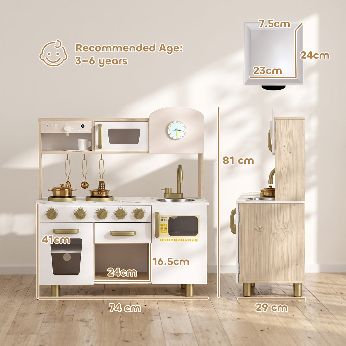 Kids Kitchen Playset with Rotating Coffee Machine for 3-6 Y, White