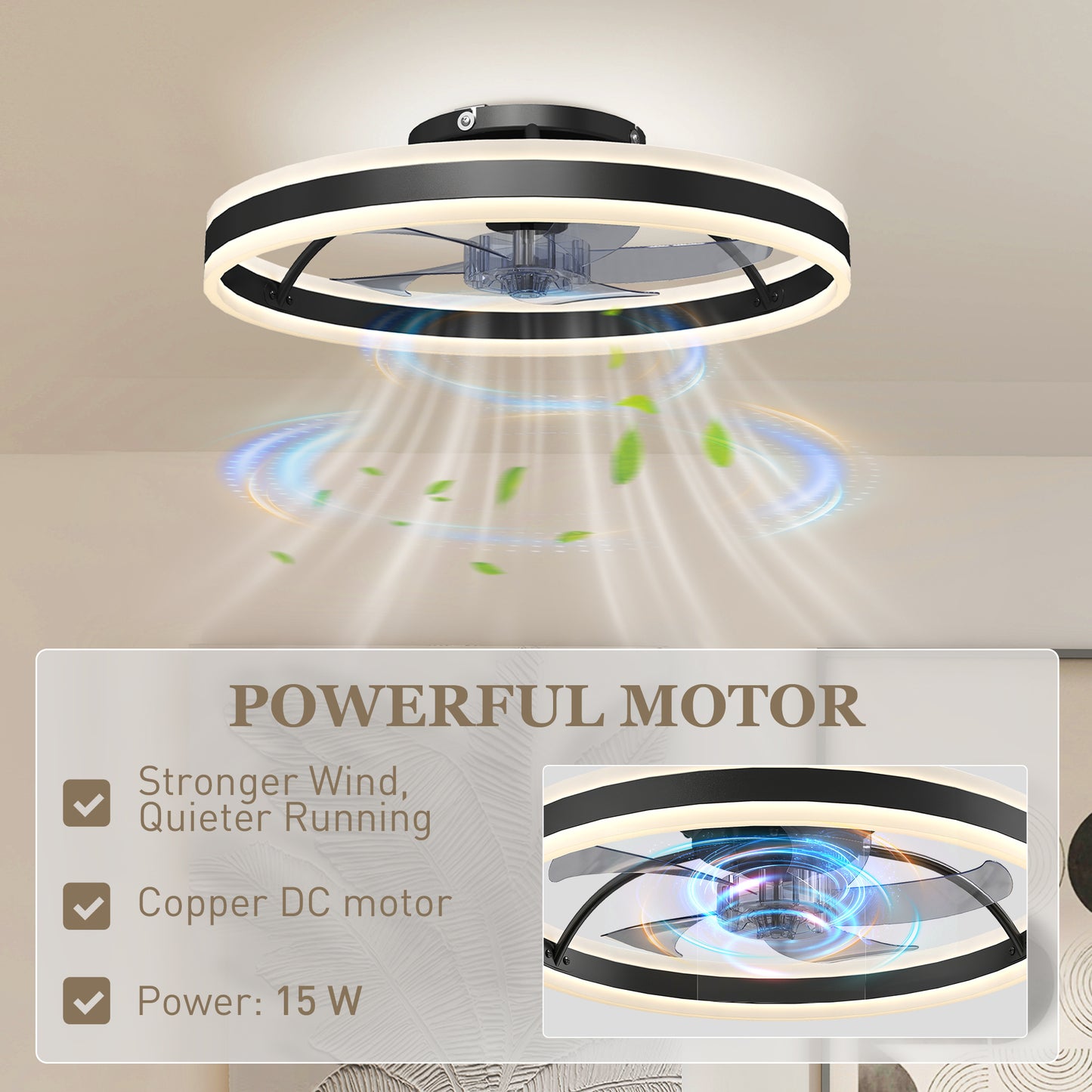 Ceiling Fan with Light and Remote, 3 Colour Temperatures, 50cm, Black