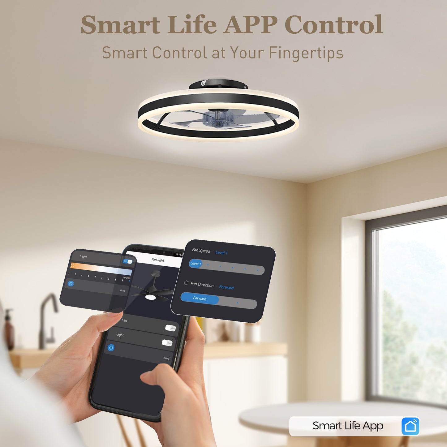 Ceiling Fan with Light and Remote, 3 Colour Temperatures, 50cm, Black