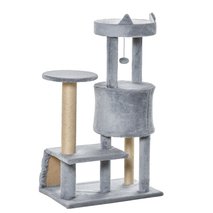 100cm Cat Tree Tower Condo Multi Platform Kitty Cat Center with Climbing Ladder Scratching Post Hanging Toy Ball, Light Grey