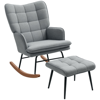 Rocking Chair with Footstool Fabric Wingback Chair for Bedroom Grey