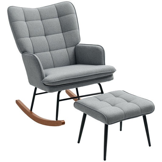 Rocking Chair with Footstool Fabric Wingback Chair for Bedroom Grey