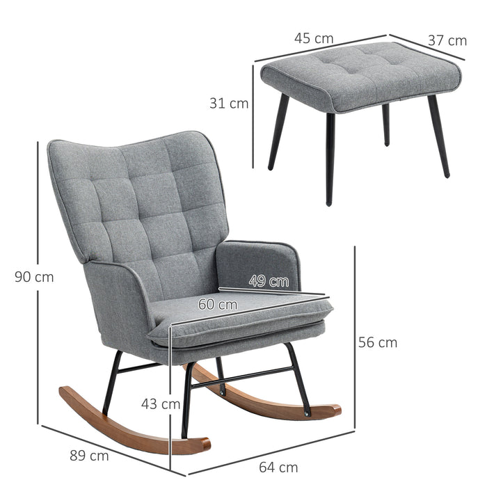 Rocking Chair with Footstool Fabric Wingback Chair for Bedroom Grey