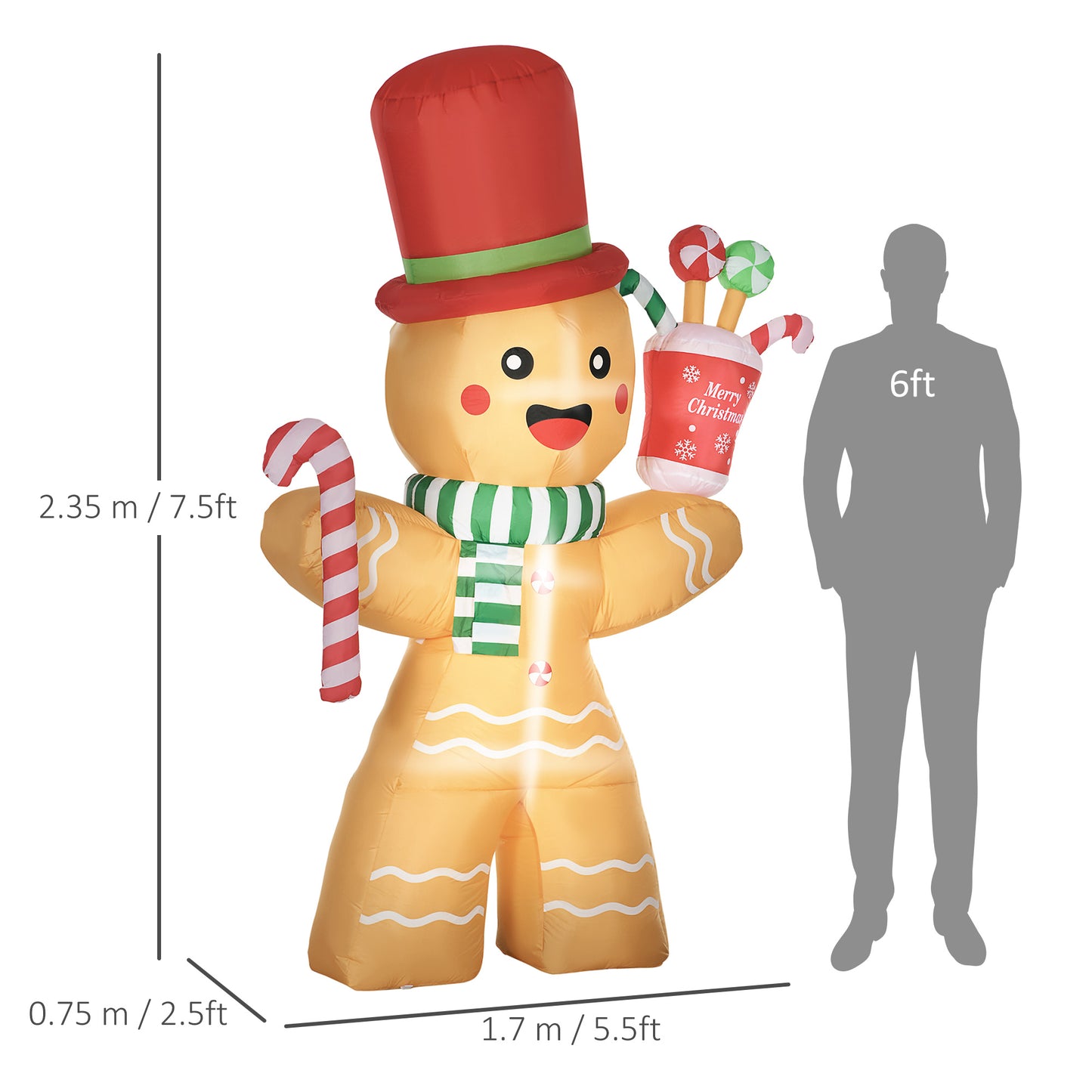 7.5ft Christmas Inflatables Gingerbread Man with Candy Cane LED Lights