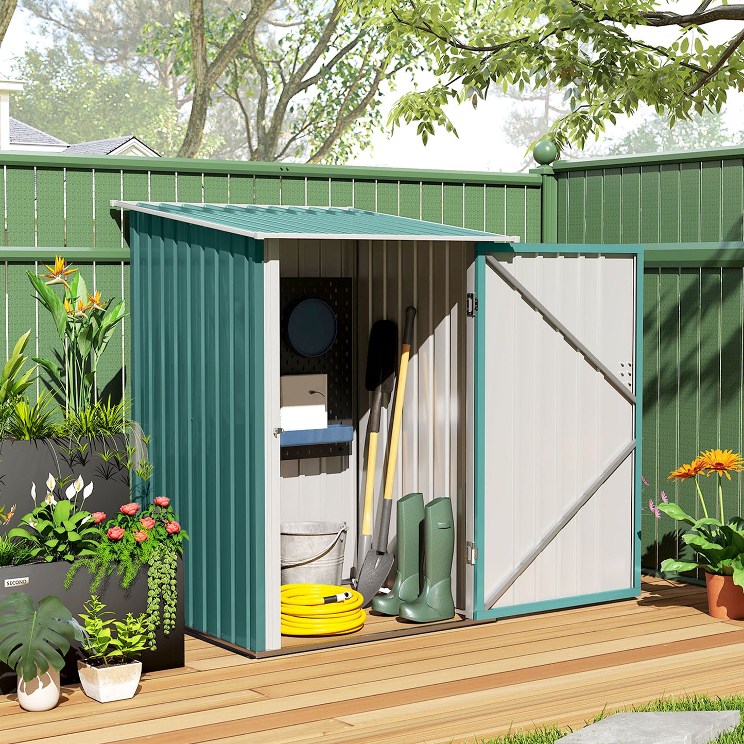 3.3ft x 3.4ft Lean to Garden Shed, Metal Outdoor Storage Shed with Single Lockable Door, Tool Storage Shed for Garden, Patio, Lawn, Green