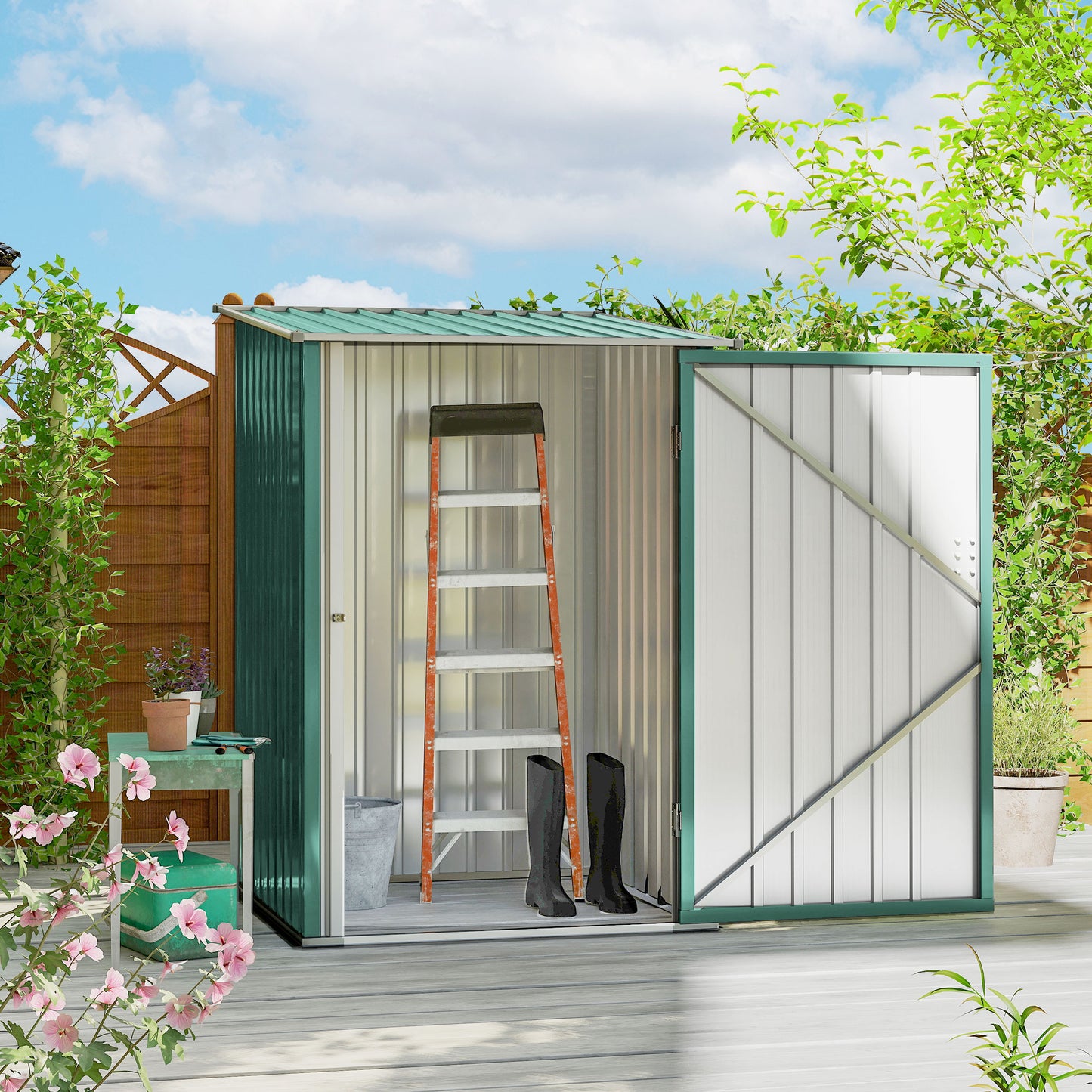 3.3ft x 3.4ft Lean to Garden Shed, Metal Outdoor Storage Shed with Single Lockable Door, Tool Storage Shed for Garden, Patio, Lawn, Green