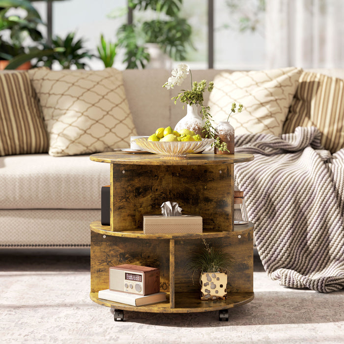 3 Tier Coffee Table Round Rolling Centre Table w/ Wheels Rustic Brown