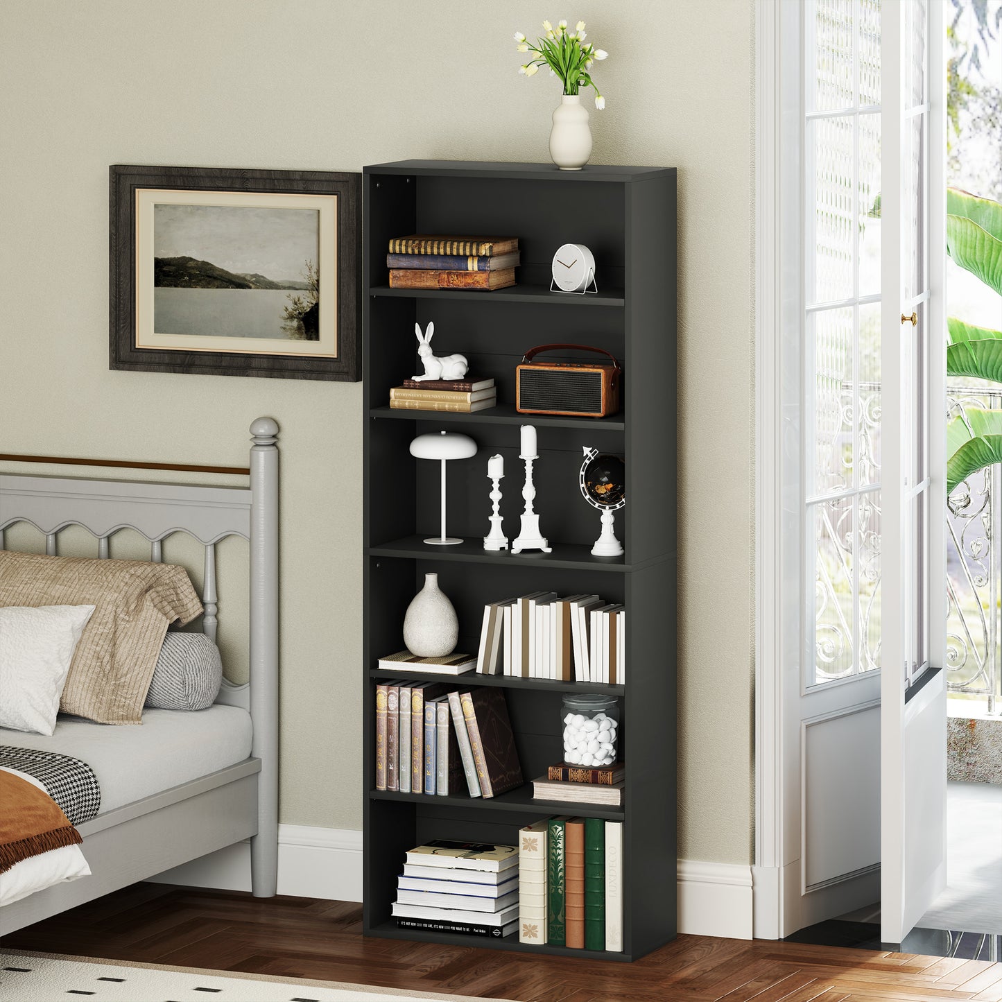 6 Tier Bookshelf, Freestanding Bookcase with Adjustable Shelves, Black
