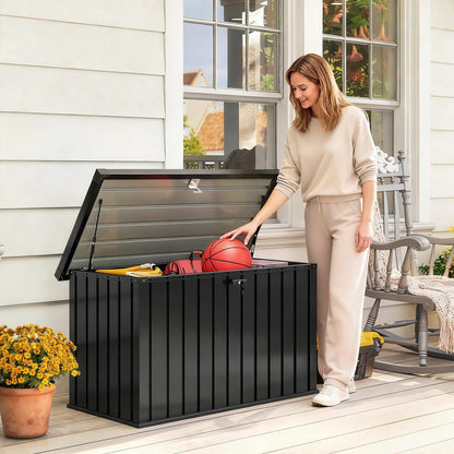 400L Garden Storage Box, Waterproof Metal Storage Container with Lockable Lid, Outdoor Deck Box for Patio, Porch, Balcony, 124 x 66 x 72 cm, Black