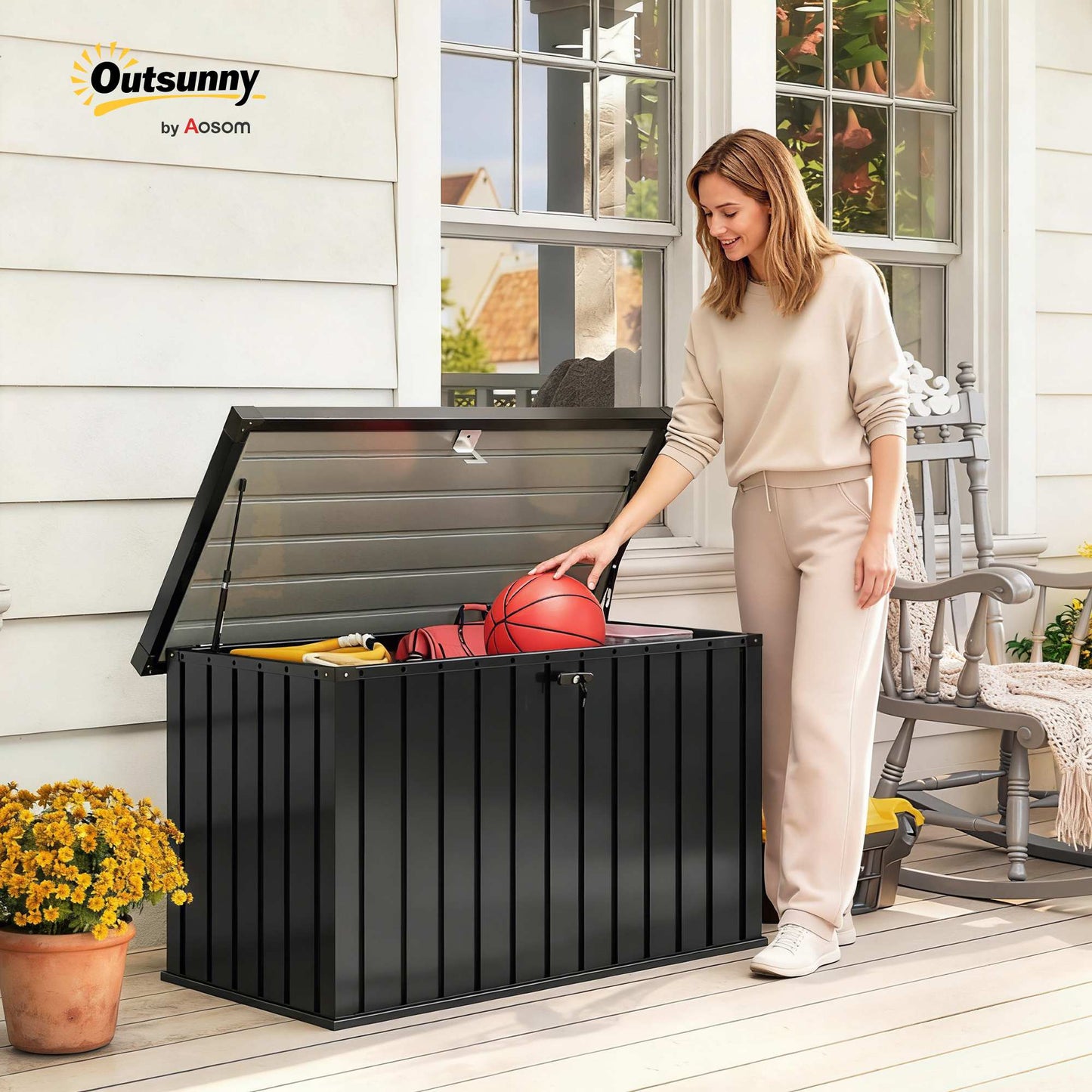400L Garden Storage Box, Waterproof Metal Storage Container with Lockable Lid, Outdoor Deck Box for Patio, Porch, Balcony, 124 x 66 x 72 cm, Black