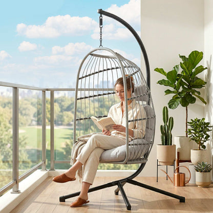 Hanging Egg Chair, Outdoor Swing Chair with Stand, Light Grey