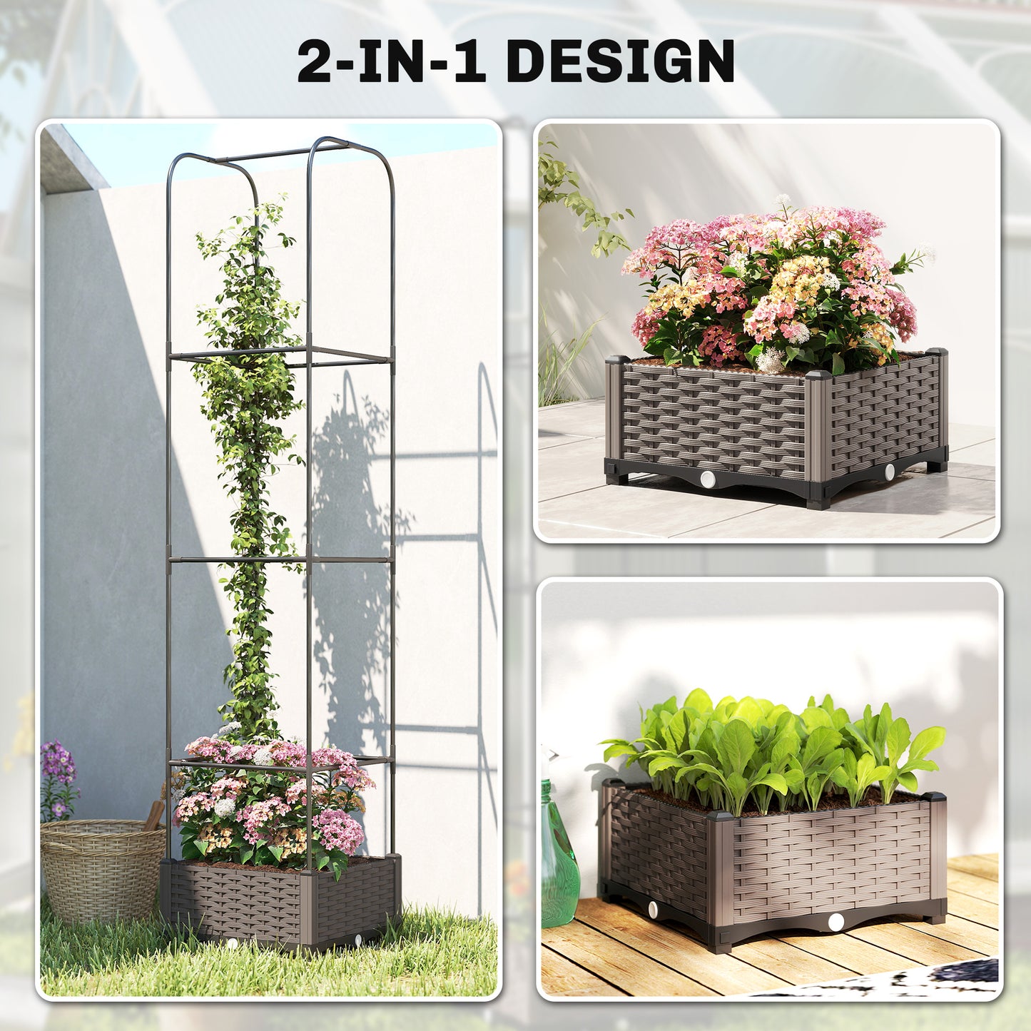 Raised Garden Bed with Trellis and Drainage Holes, Drain Plugs