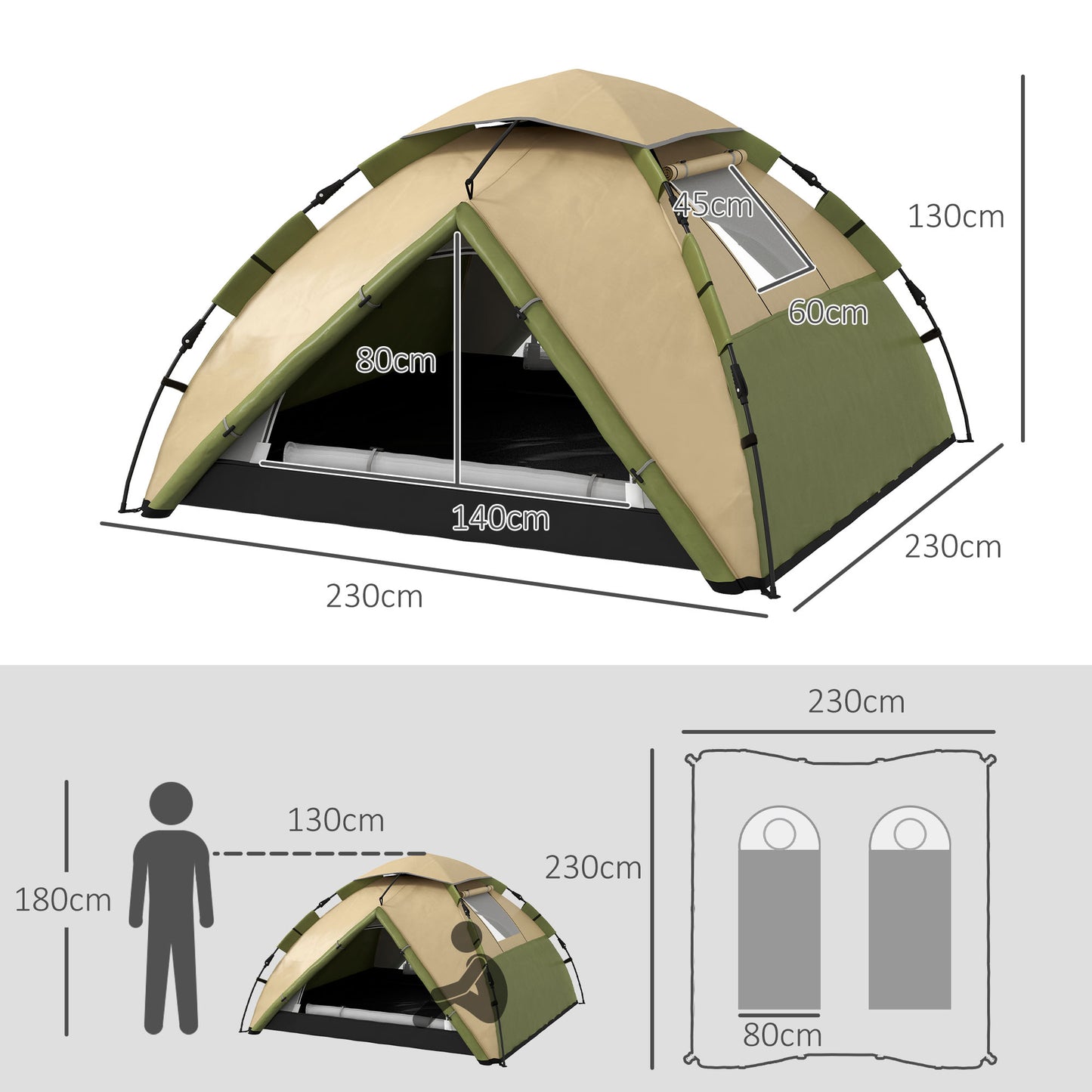 3-4 Man Camping Tent Portable with Bag, Quick Setup, Dark Green