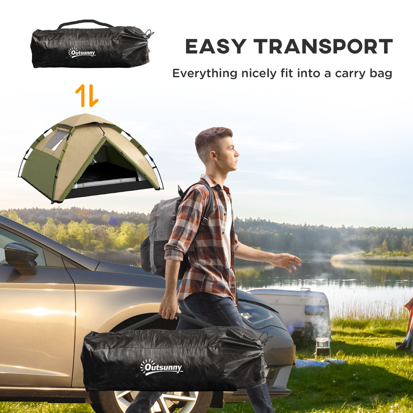 3-4 Man Camping Tent Portable with Bag, Quick Setup, Dark Green