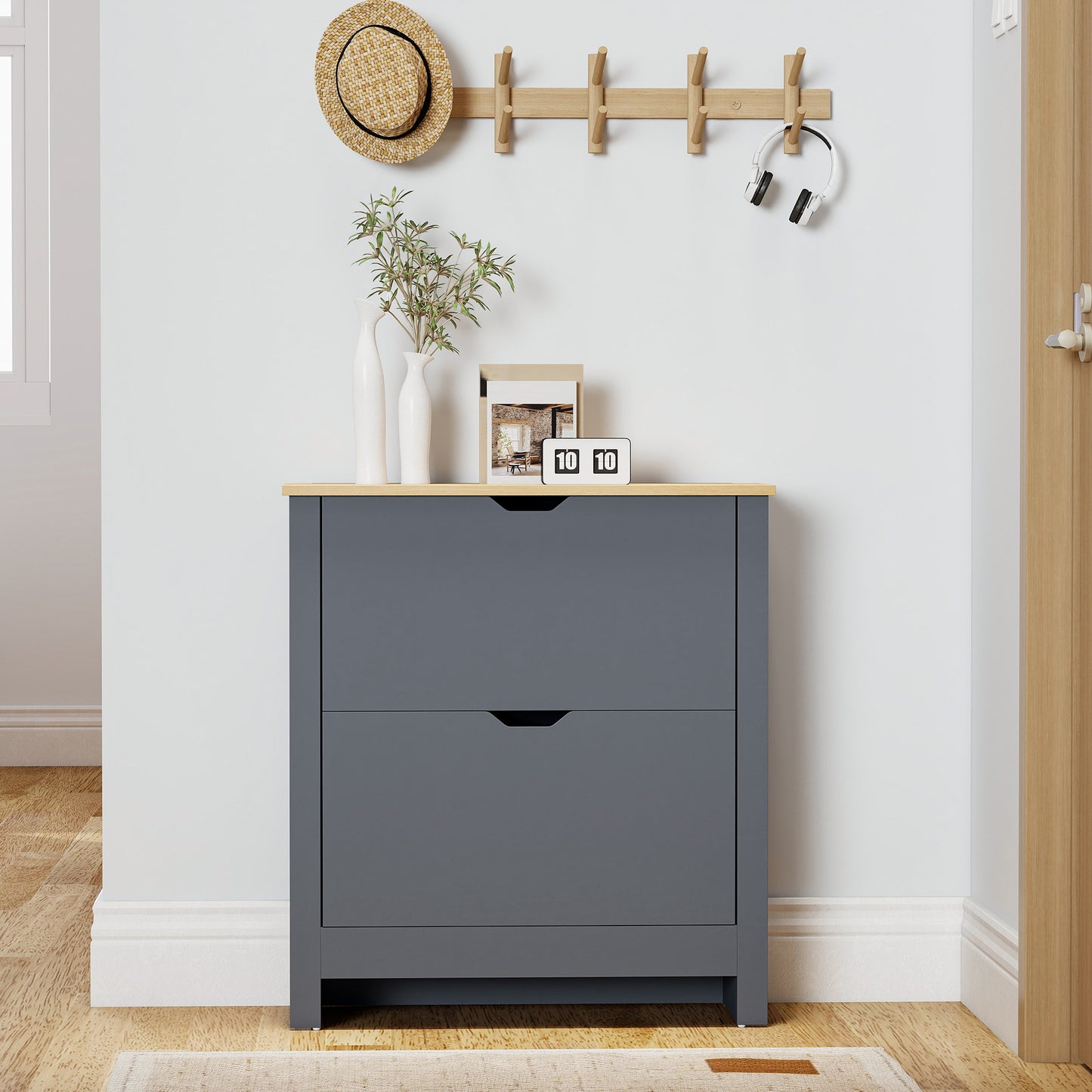 12-Shoe Storage Cabinet 4 Shelves 2 Drawers Tabletop Charcoal Grey