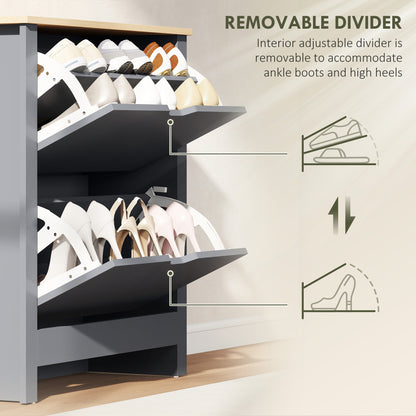 12-Shoe Storage Cabinet 4 Shelves 2 Drawers Tabletop Charcoal Grey