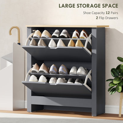 12-Shoe Storage Cabinet 4 Shelves 2 Drawers Tabletop Charcoal Grey