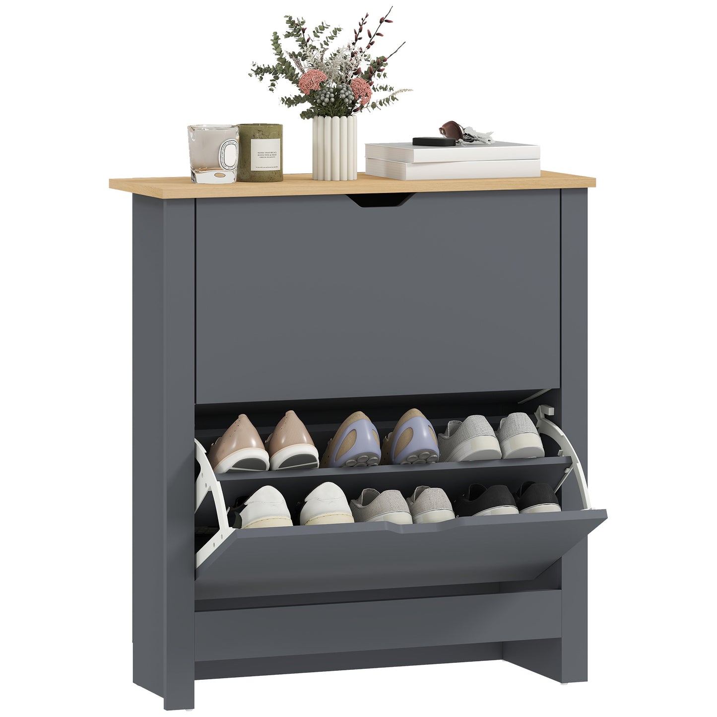 12-Shoe Storage Cabinet 4 Shelves 2 Drawers Tabletop Charcoal Grey