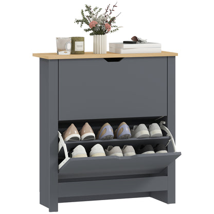 12-Shoe Storage Cabinet 4 Shelves 2 Drawers Tabletop Charcoal Grey