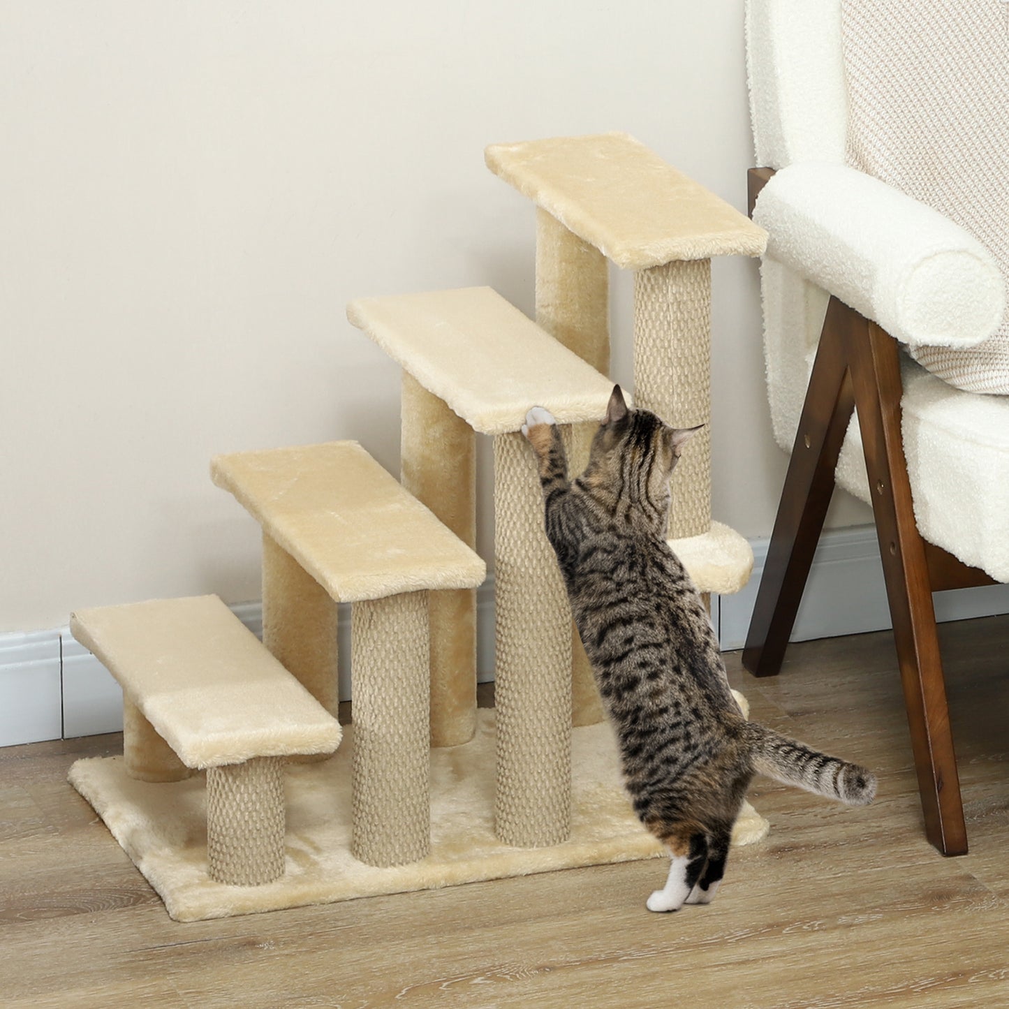Pet Stairs, Cat Tree Climb Ladder with 4-step Stair, Scratching Posts, Platforms, Toy Ball, for Indoor Cats, Beige