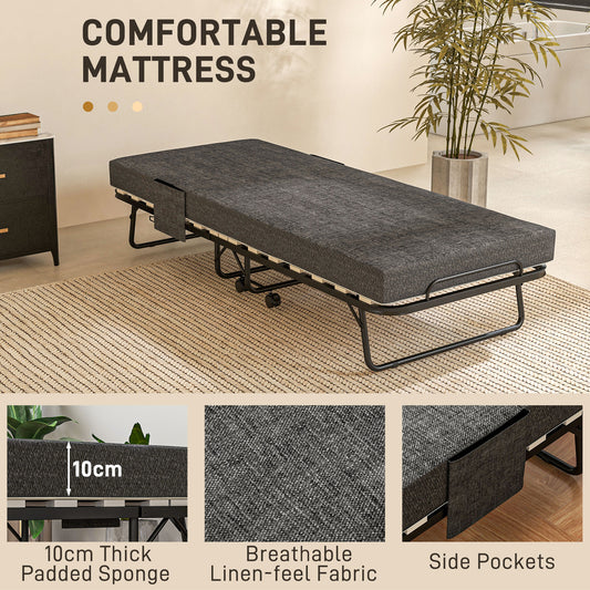 Folding Single Guest Bed with 10cm Mattress, Wheels and Dust Cover - Dark Grey & Black